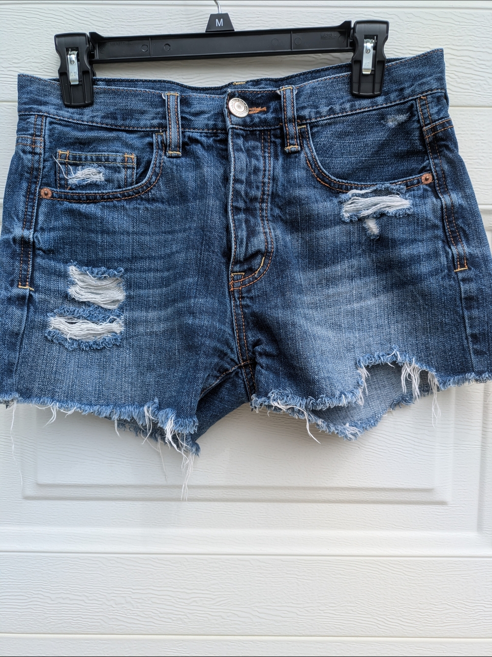 American Eagle Distressed Medium Blue Denim Cutoff Shorts, Button Fly